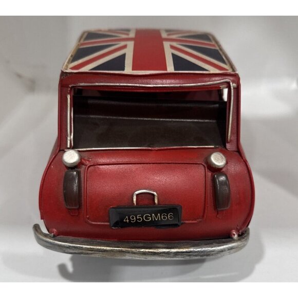 Vtg Classic Red Mini Cooper Retro Tin Model Car w British Flag Roof 11” X 5” - Picture 4 of 7